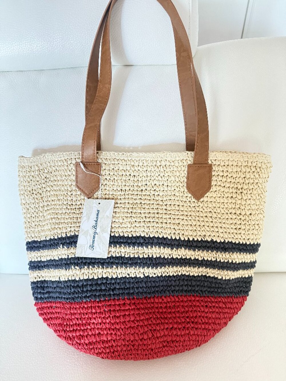 NWT TOMMY BAHAMA RED NAVY & NATURAL STRAW TOTE BAG FLAG - Picture 1 of 5